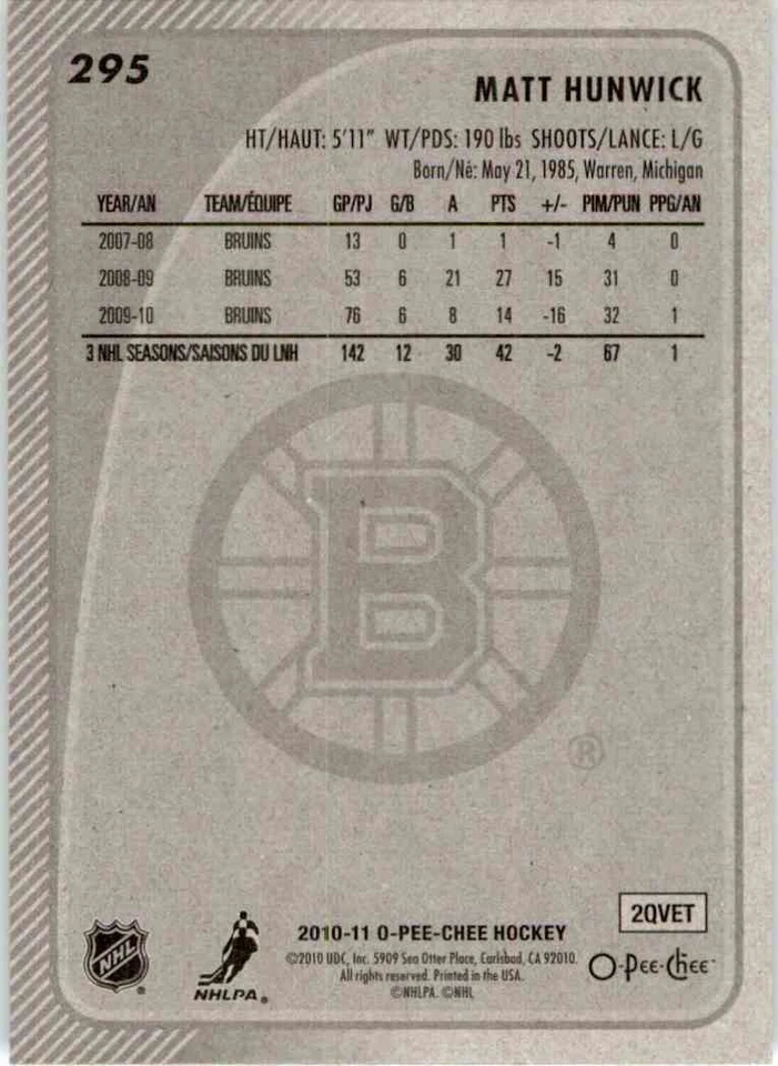 2010-11 O-Pee-Chee Matt Hunwick #295 - Image 2 of 2