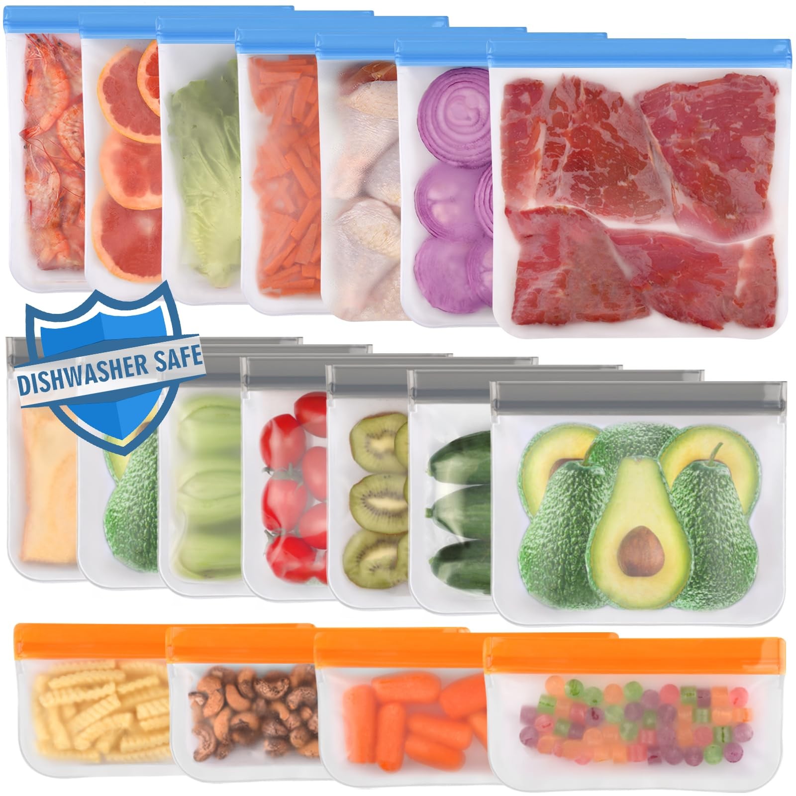 Dishwasher Safe Reusable Freezer Bags Leakproof 18 Pack