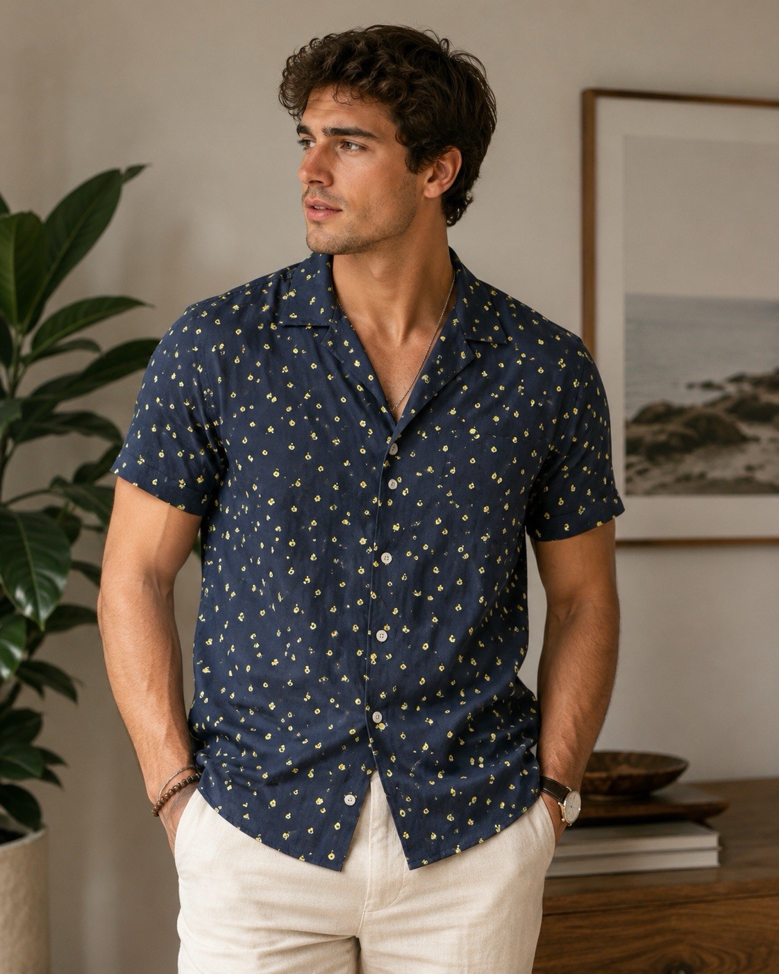 Bonobos Men’s Navy Yellow Flower Slim Fit Button Up Shirt L Golf Easter  Preppy