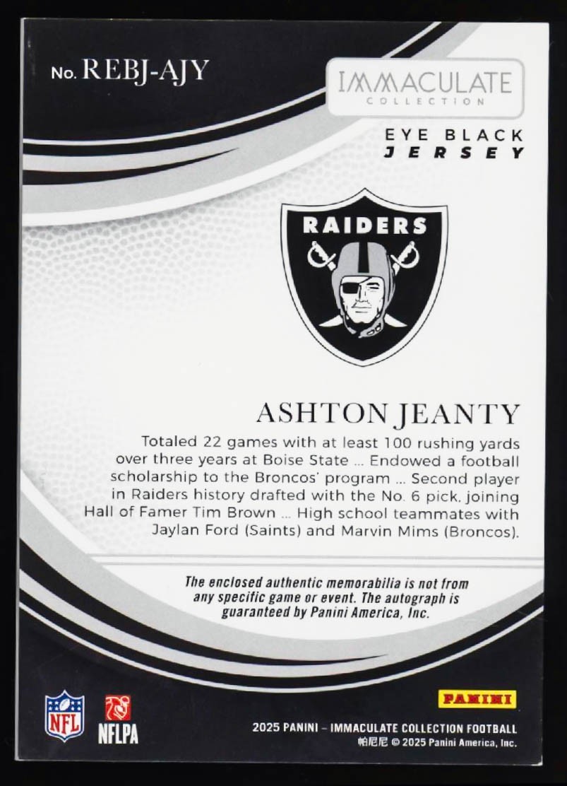 2025 Panini Immaculate Ashton Jeanty Auto #2/10 Jersey Match Eye Black Patch RPA view 2