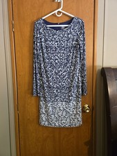 Vince Camuto Dress Womens 10 Blue White Print Long Sleeve Lined Stretch Zip Back