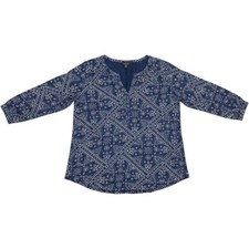 Lucky Brand Womens 1X Blue Paisley Bandana Print Split Neck Knit Top 3/4 Sleeve