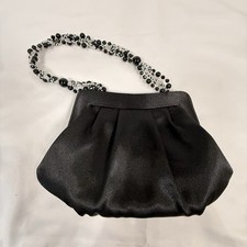 Black Satin Evening Bag Pleated Clutch Purse Beaded Handle Formal Wedding