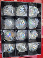 12pc Clear/Silver Iridescent Hanging Round Bauble Christmas Ornaments