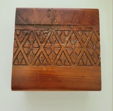 Vintage Carved Wooden Hinged Lid Trinket Box Rectangle Brown Geometric Design