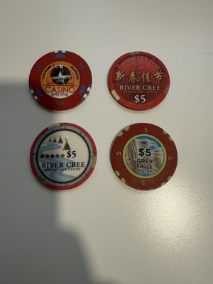4x 5$ Chip from the River Cree and Gray Eagle Casino Alberta Canada Poker - Look