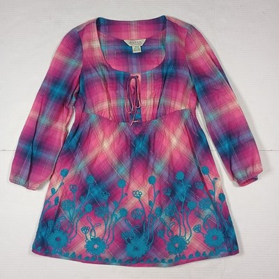 Roper Western Pink Blue Plaid Embroidery Floral Cotton Babydoll Tie Size Small
