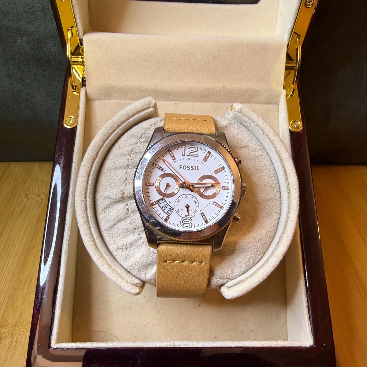 Fossil Del Rey Chronograph Orange Leather Cuff Watch ES3768 Silver Cream Dial Fossil Women main image 3