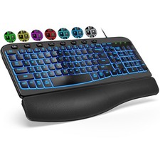 Ergonomic Keyboard, USB Wired with Cushioned Wrist  Palm Rest, 7-Color Backl...