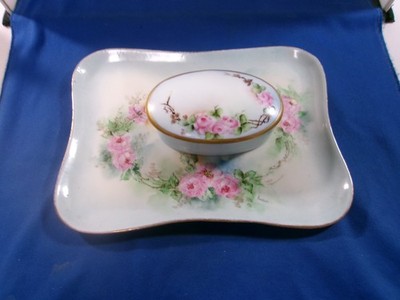 Floral Ceramic  Dresser Set Trinket Jar & Tray Roses Hand-Painted Vintage