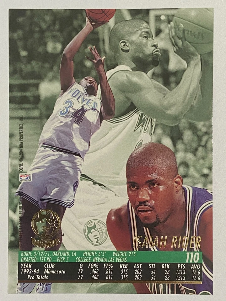 1994-95 Fleer Ultra #110 Isaiah Rider Minnesota Timberwolves - Image 2 of 2