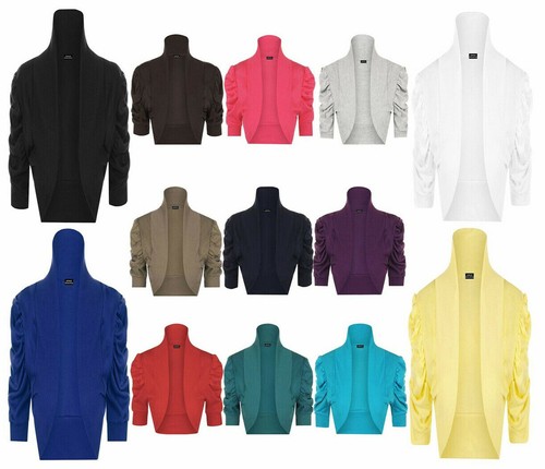 Women Plain Rushed Short Sleeve Shrug Ladies Front Open Cardigan Bolero Top 8-26
