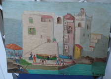 ISCHIA PONTE-SANTA MARIA DELL'ASSUNTA CON CASE E PESCATORI-VECCHIO DIPINTO NAIF