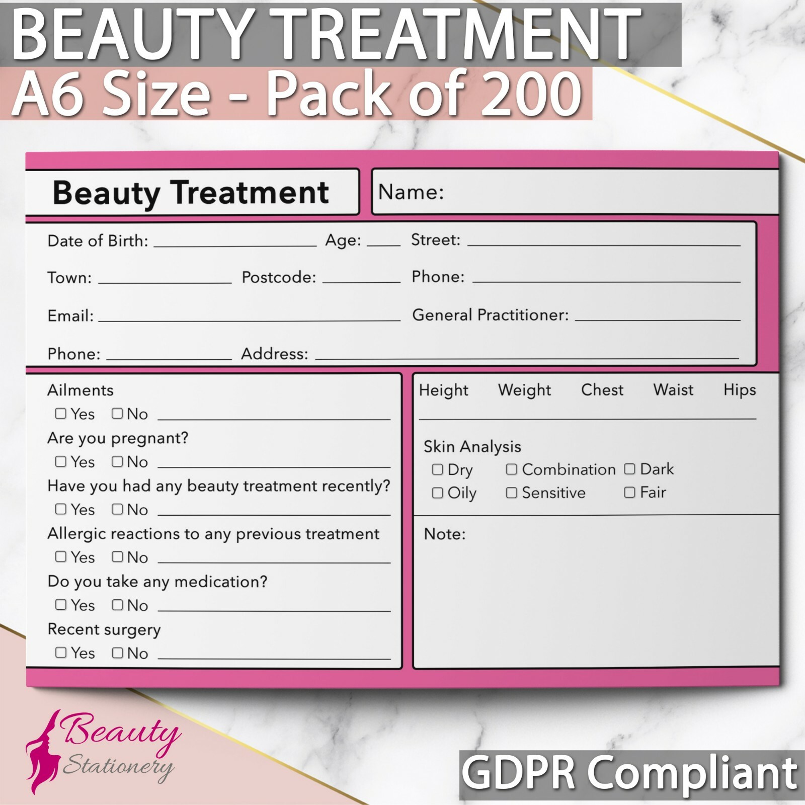 Beauty Client Record Card GDPR Compliant PREMIUM NEW Consultation Facial x200