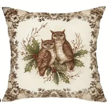 Owls Nature Fall Christmas Berries Holiday Linen Throw Pillow Cover Home Decor