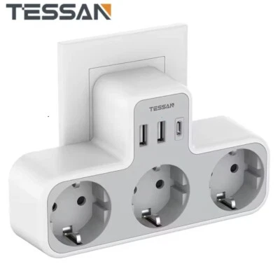 TESSAN 3-fach Mehrfachsteckdose 3er Steckdose Adapter mit USB-A+C Wandmontage Ladegerät