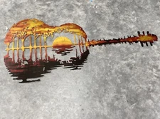 Sunset Guitar Metal Wall Art 40" wide x 18 1/2" tall Red Orange Black