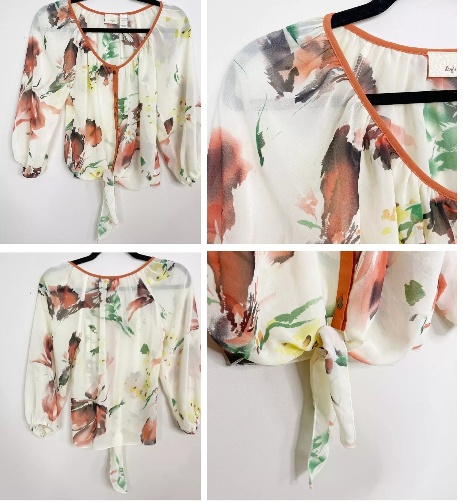 Crop Top Sheer Floral Blouse L Daytrip Tie Waist Boho Festival Rust Yellow New-image