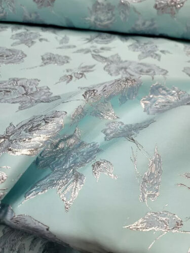 "Silber und Aqua Blau Metallic Brokat Stoff mit geprägter Textur Meterware - Bild 2 von 14