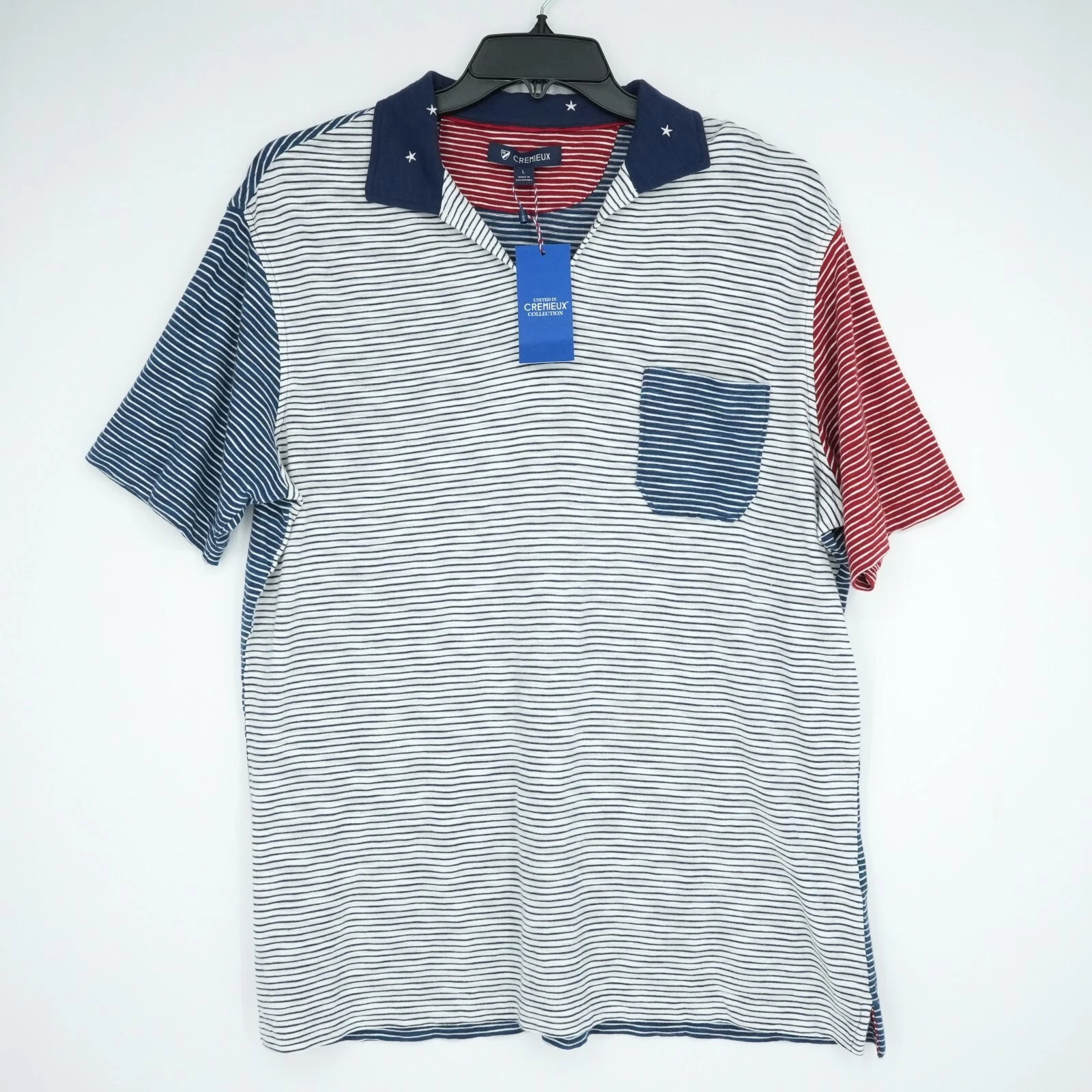 Cremieux Men's Polo Shirt L Red White Blue Striped 100% Cotton NWT $85