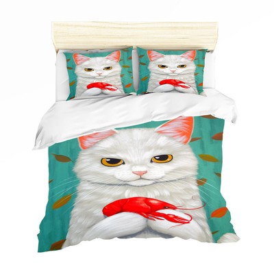 3d Cat Eat Lobster Bedding Set Duvet Cover Comforter Cover Pillow