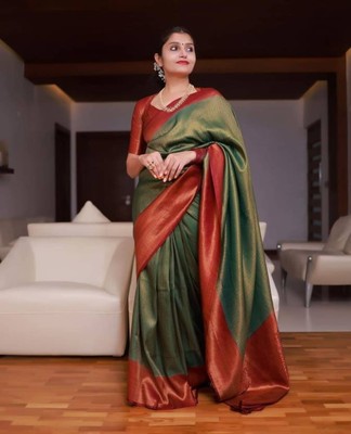 Stunning Saree For Woman Soft litchi Silk Kanjivaram Style Green Saree