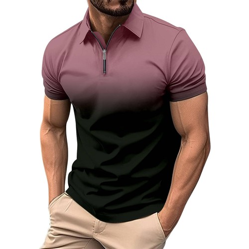 Summer Men's Lapel Zipper Blouse Gradual Color Casual Short Sleeve T Shirts - Bild 5 von 25
