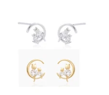 The Cat on the Moon Cubic Zirconia Women Sterling Silver Stud Earrings Gift K50