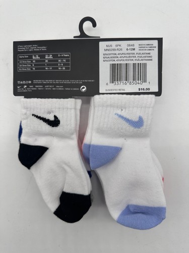 NEW 6 PAIR PACK NIKE NEWBORN LIGHT WEIGHT ANKLE SOCKS 6-12 MONTH WHITE MULTI - Picture 2 of 4