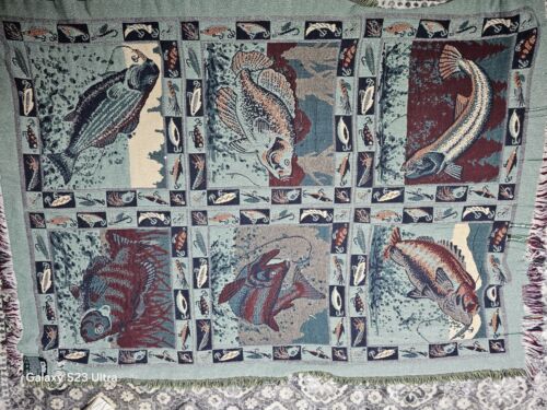 Goodwin Weavers Fishing Throw Blanket Fisherman Lures Tapestry 100% Cotton USA - Picture 9 of 13