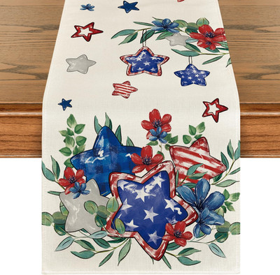 Eucalyptus Flowers Stars Patriotic 4Th of July Table Runner, Memorial Day Kitche