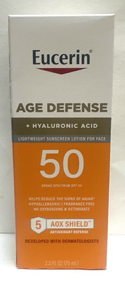 Eucerin Age Defense + Hyaluronic Acid, Broad Spectrum SPF 50, Exp:07/26 & up