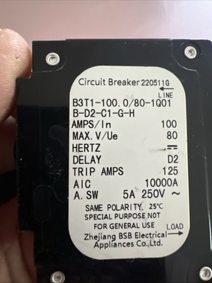 BSB B3T1-100.0/80-1Q01 B-D2-C1-G-H 100A 80V Single Pole Bullet Circuit Breaker