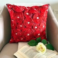 Square Couch Pillow Cover Red 16"x16", Sofa Decor Silk Floral - Bed Of Roses