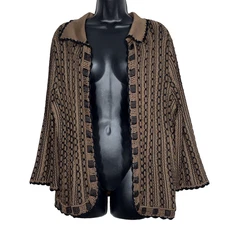 Ming Wang Jacket Women XL Black brown Stripe Acrylic 3/4 sleeve open