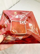 Vtg Cranberry Red Cut Glass ASHTRAY Flashed Etched Flowers Leaf Cigar Cigarette