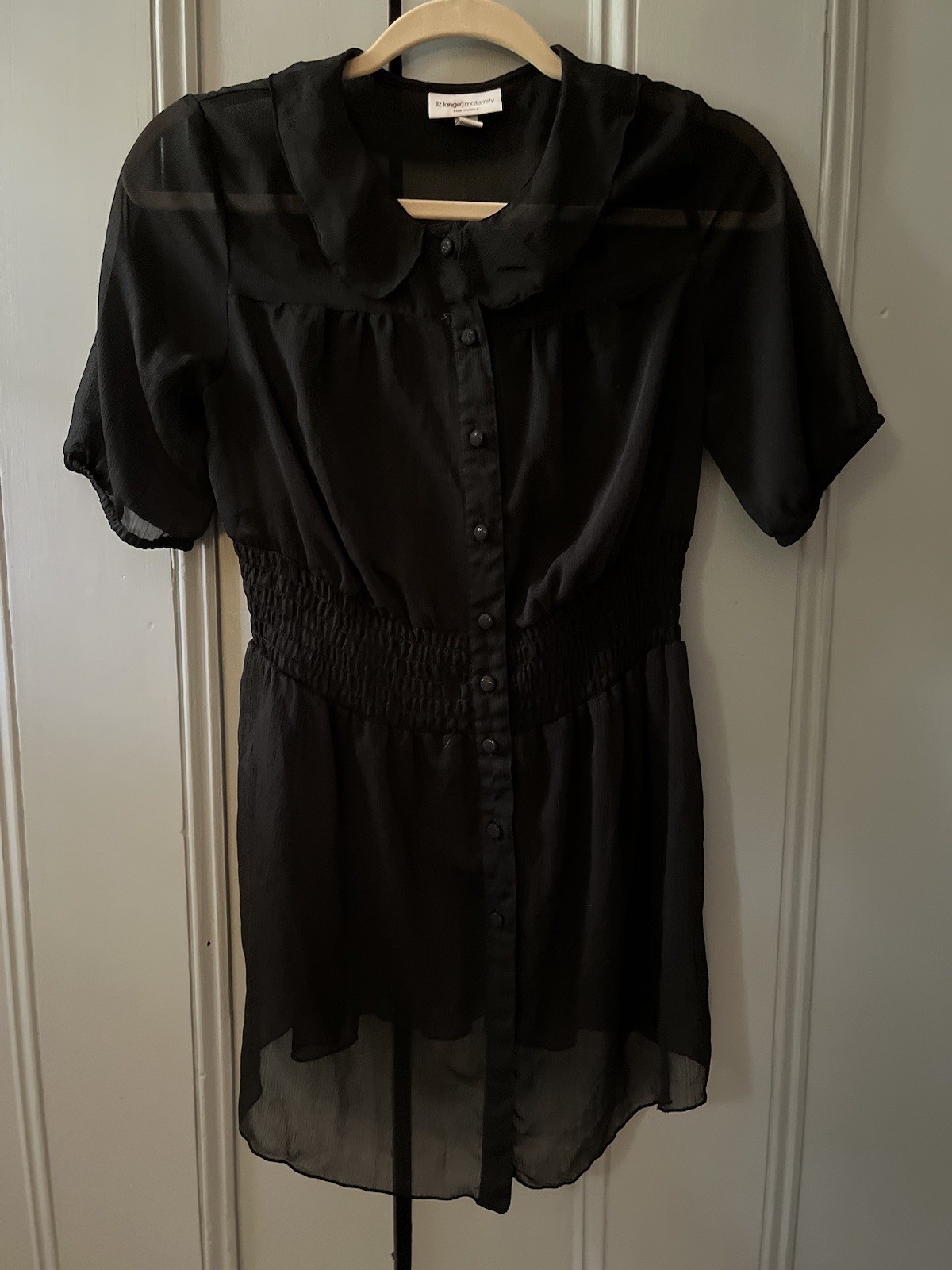 Liz Lange Maternity Sheer Black Short Sleeve Button-Up Blouse Size S
