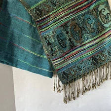 Pashmina Silk Scarf Wrap Shawl Blue Turquoise Fringe Bright Colors Oversize
