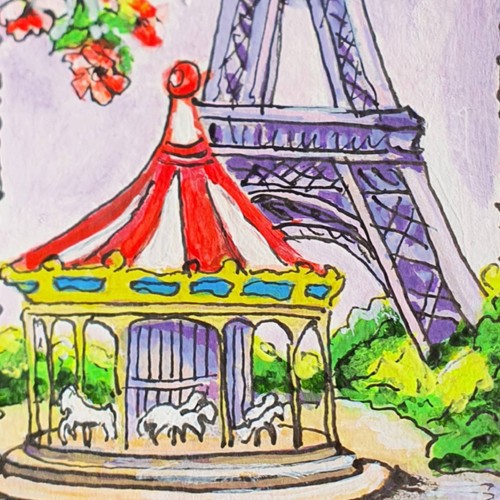 Paris Carousel ACEO Painting Eiffel Tower Original Miniature Cityscape Art