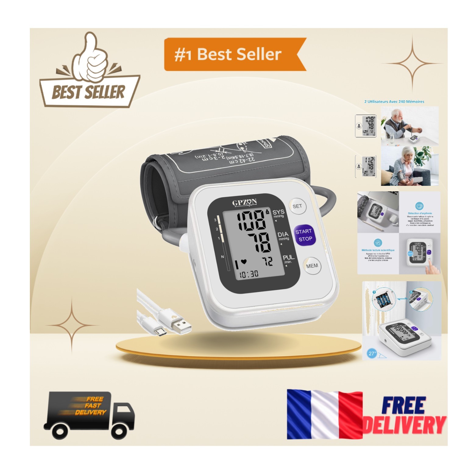 Tensiomètre professionnel à détection d'arythmie avec grand écran LCD rétroéclairé