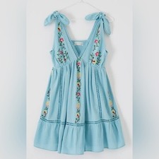 URBAN OUTFITTERS UO Forever Embroidered Mini Babydoll Dress In Sky Blue XS