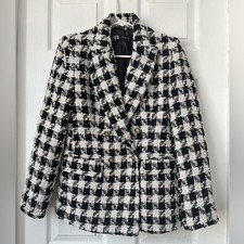 Zara Black White tweed houndstooth Checkered double breasted Blazer size XS