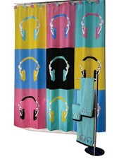 Allure Headphone Girl Fabric Shower Curtain, Colorful Block Bath Decor