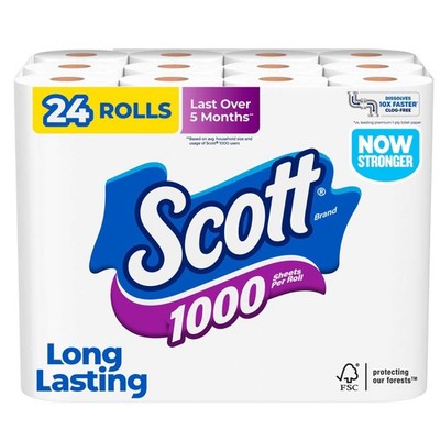 24 Rolls Scott 1000 Toilet Paper Septic-Safe 1-Ply Toilet Tissue