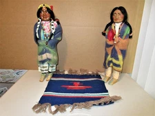 Vintage Antique Skookum Dolls Native American Indian Couple w/ Papoose&Rug 14" T