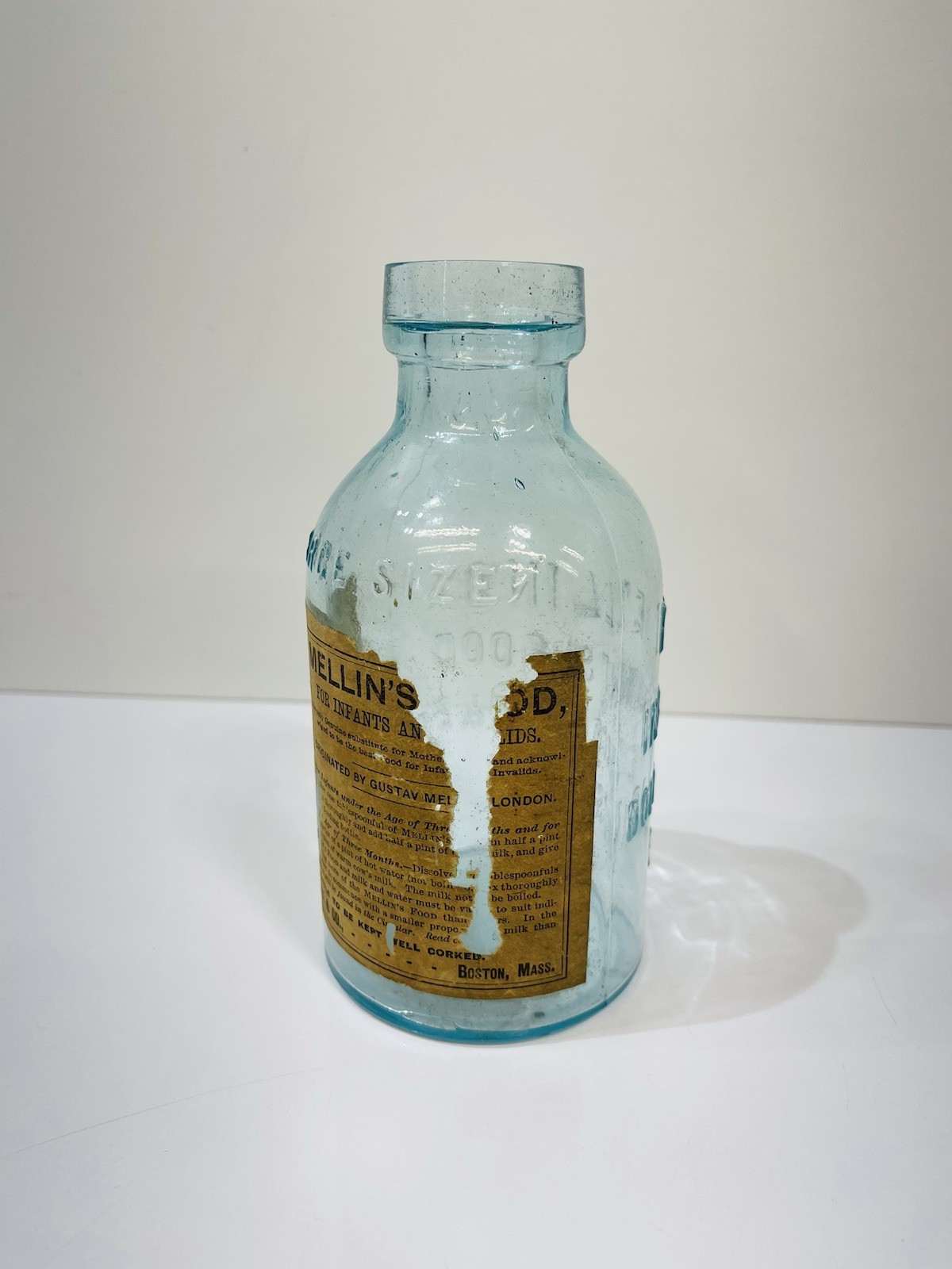 Late 1800’s Glass Bottle Mellin’s Infant’s Food W Label Glass D-G  Co.  BOSTON