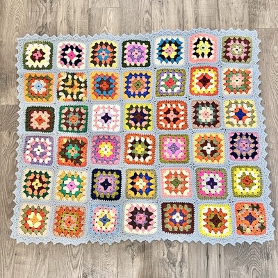 Handmade Crochet Granny Square Throw Blanket Multi-Color Retro Boho Afghan 39x33