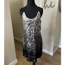 Sequin Ombre Halter Mini Dress Black Silver Gatsby 20s NYE Holiday Party MANER