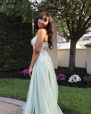 Light Green Formal Gown with White Floral Lace Appliqu and Strappy Back