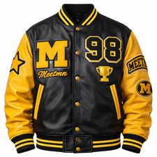 Men’s Black Yellow Varsity Letterman Jacket Leather Bomber M 98 Patch Coat